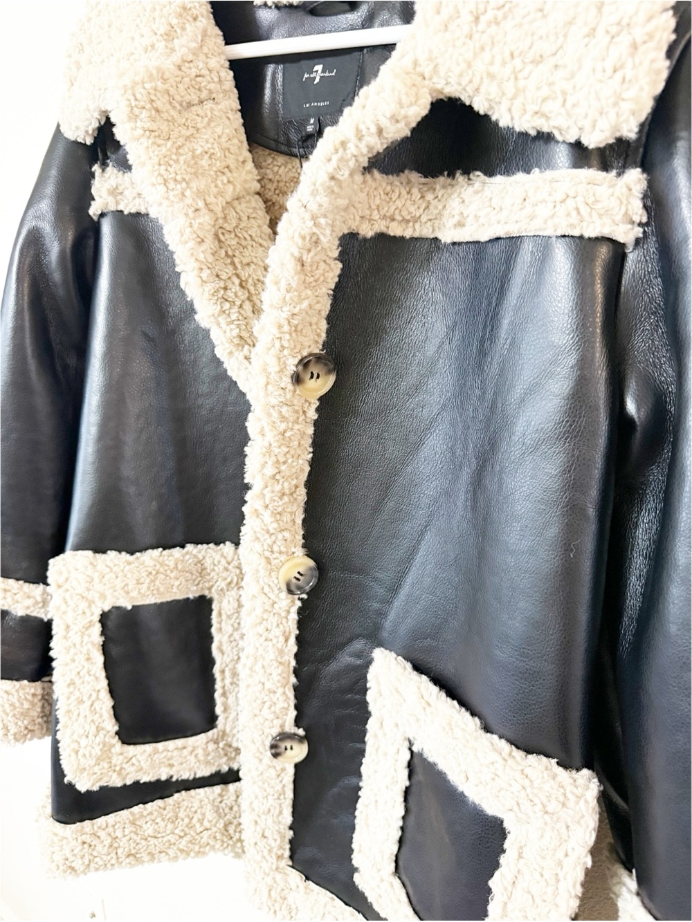 7 For All Mankind Faux Shearling Black Cream Faux Leather Longline Jacket NEW - Picture 9 of 11